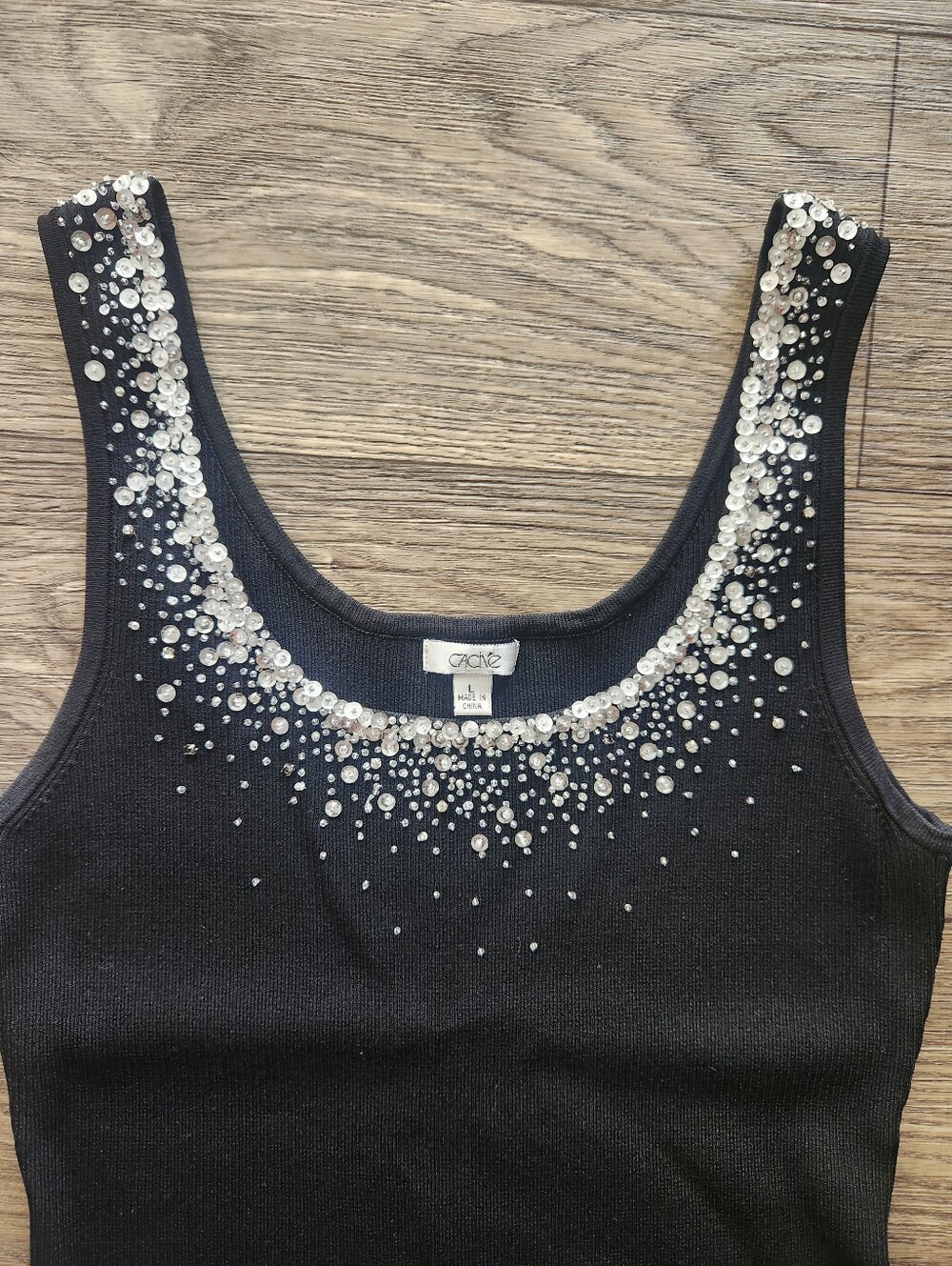 Vintage Cache Black Ribbed Sequin Embellished Tank Top Size Large - Picture 3 of 7
